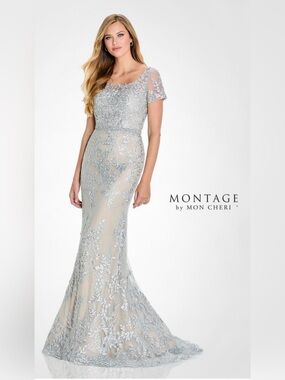 Montage by Mon Cheri Light Silver Floral Lace Gown